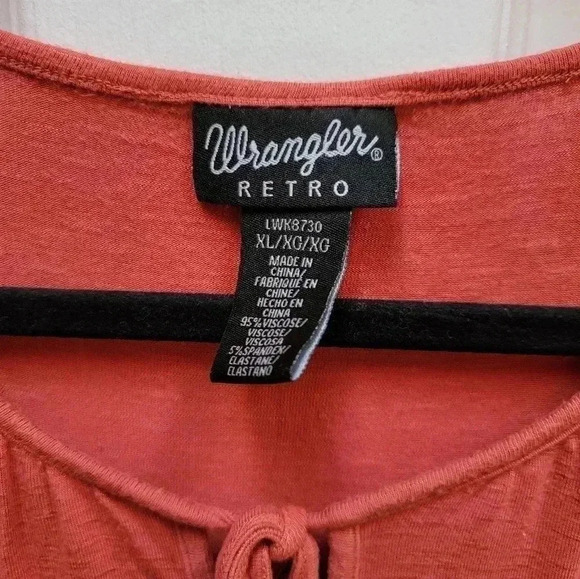 Wrangler Retro Women's Bell Sleeve Tassle Tie Neck Rust Orange Tunic Size XL - Picture 2 of 2